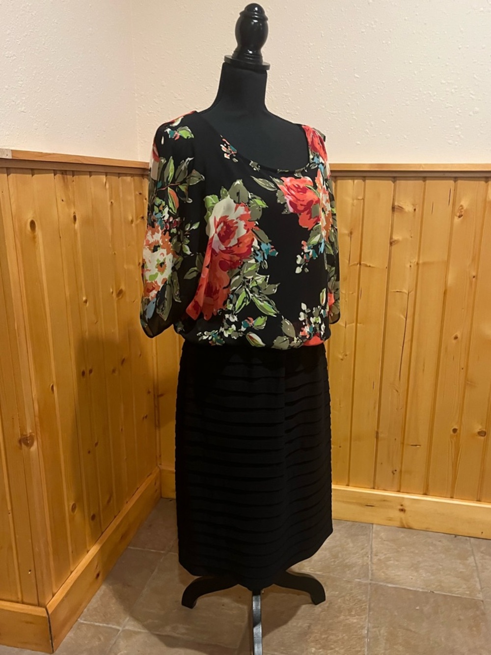 Monroe & Main Black with Floral Draped Overlay dress